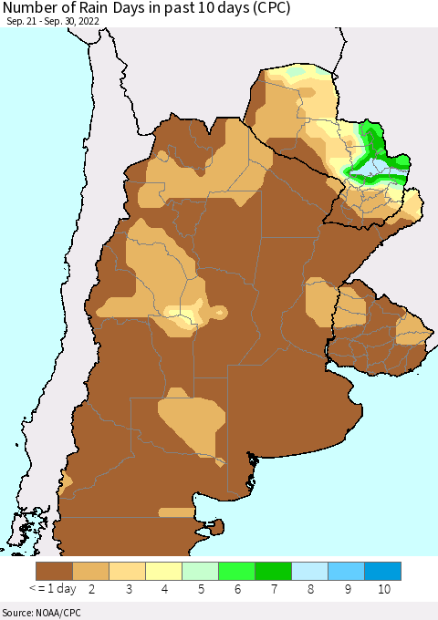 Southern South America Number of Rain Days in past 10 days (CPC) Thematic Map For 9/26/2022 - 9/30/2022