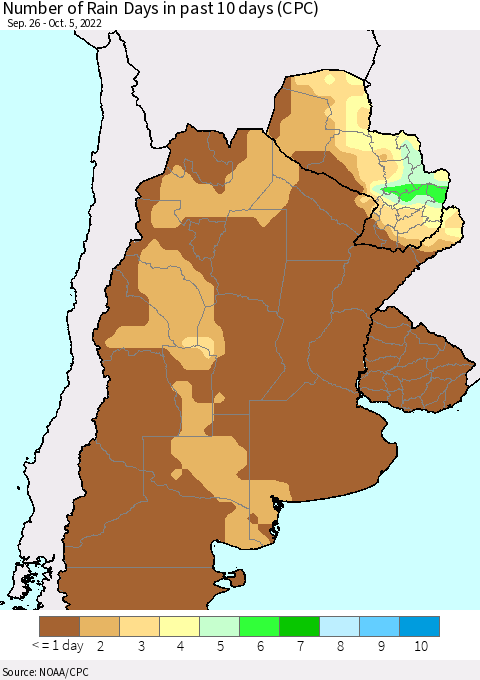 Southern South America Number of Rain Days in past 10 days (CPC) Thematic Map For 10/1/2022 - 10/5/2022