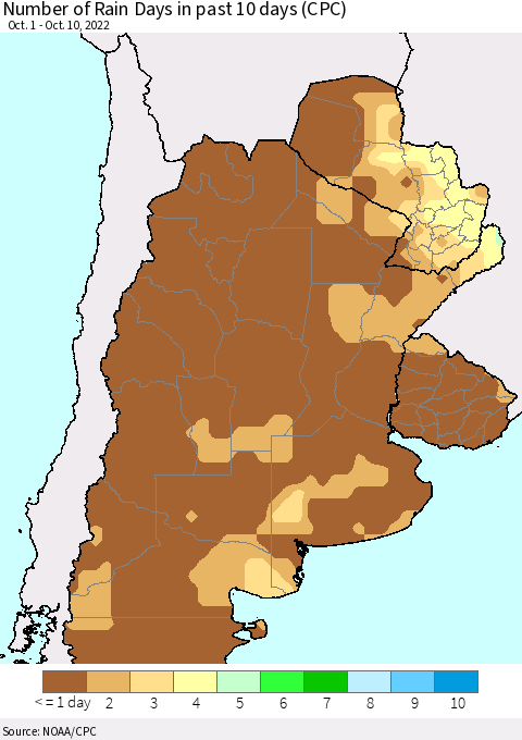 Southern South America Number of Rain Days in past 10 days (CPC) Thematic Map For 10/6/2022 - 10/10/2022