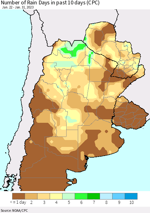 Southern South America Number of Rain Days in past 10 days (CPC) Thematic Map For 1/26/2023 - 1/31/2023