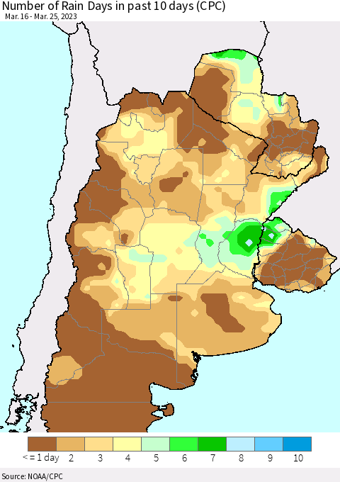 Southern South America Number of Rain Days in past 10 days (CPC) Thematic Map For 3/21/2023 - 3/25/2023
