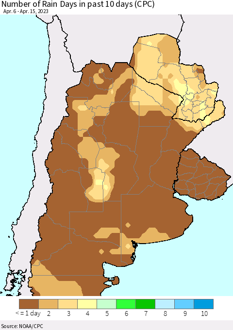 Southern South America Number of Rain Days in past 10 days (CPC) Thematic Map For 4/11/2023 - 4/15/2023