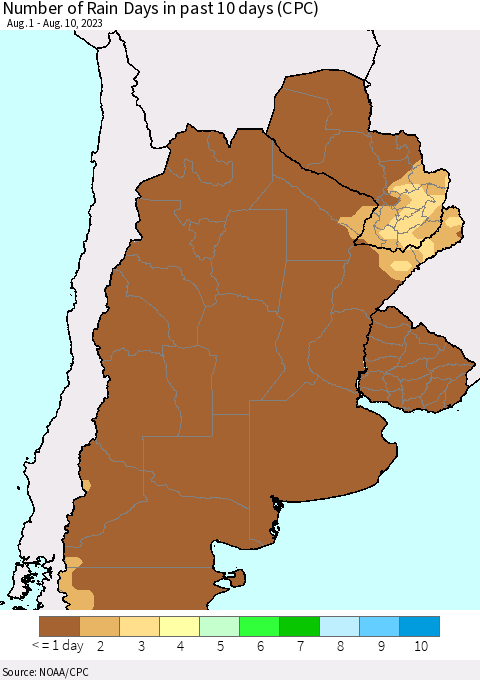 Southern South America Number of Rain Days in past 10 days (CPC) Thematic Map For 8/6/2023 - 8/10/2023