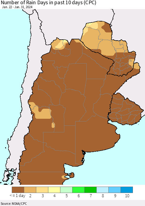 Southern South America Number of Rain Days in past 10 days (CPC) Thematic Map For 1/26/2024 - 1/31/2024