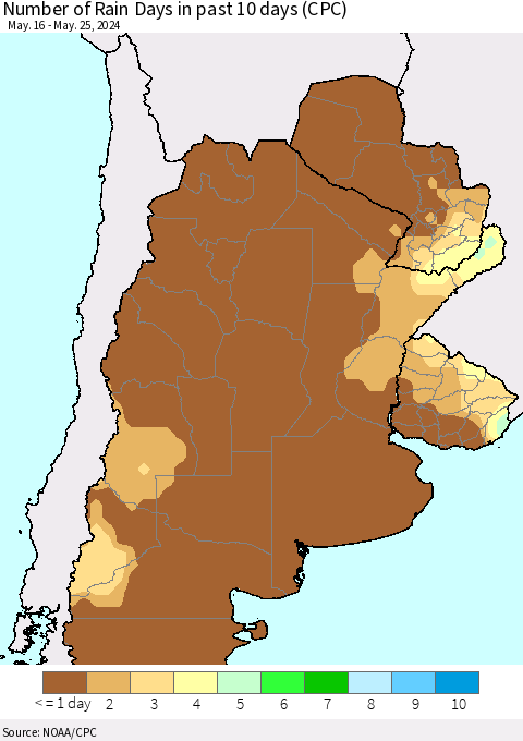 Southern South America Number of Rain Days in past 10 days (CPC) Thematic Map For 5/21/2024 - 5/25/2024