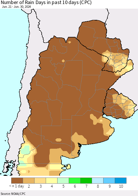 Southern South America Number of Rain Days in past 10 days (CPC) Thematic Map For 6/26/2024 - 6/30/2024