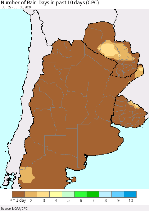Southern South America Number of Rain Days in past 10 days (CPC) Thematic Map For 7/26/2024 - 7/31/2024