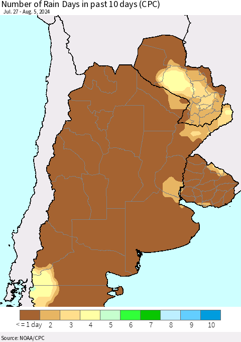 Southern South America Number of Rain Days in past 10 days (CPC) Thematic Map For 8/1/2024 - 8/5/2024