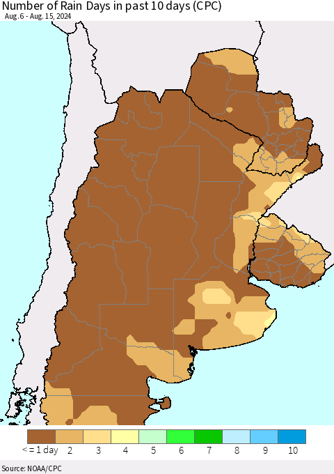 Southern South America Number of Rain Days in past 10 days (CPC) Thematic Map For 8/11/2024 - 8/15/2024