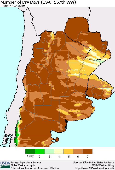 Southern South America Number of Dry Days (USAF 557th WW) Thematic Map For 9/7/2020 - 9/13/2020