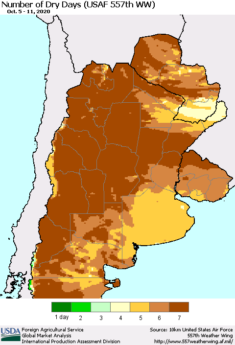 Southern South America Number of Dry Days (USAF 557th WW) Thematic Map For 10/5/2020 - 10/11/2020