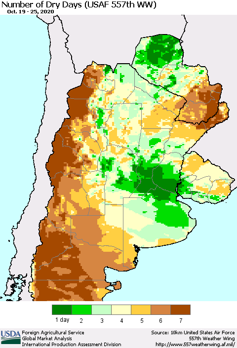Southern South America Number of Dry Days (USAF 557th WW) Thematic Map For 10/19/2020 - 10/25/2020
