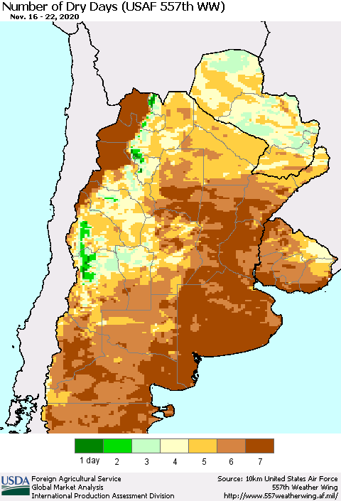 Southern South America Number of Dry Days (USAF 557th WW) Thematic Map For 11/16/2020 - 11/22/2020