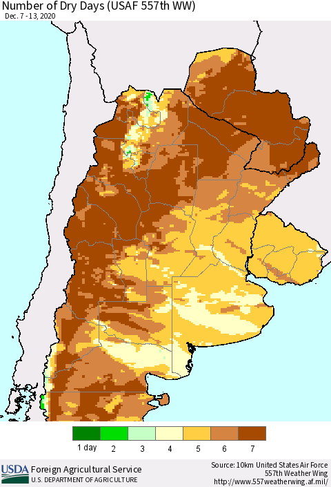 Southern South America Number of Dry Days (USAF 557th WW) Thematic Map For 12/7/2020 - 12/13/2020
