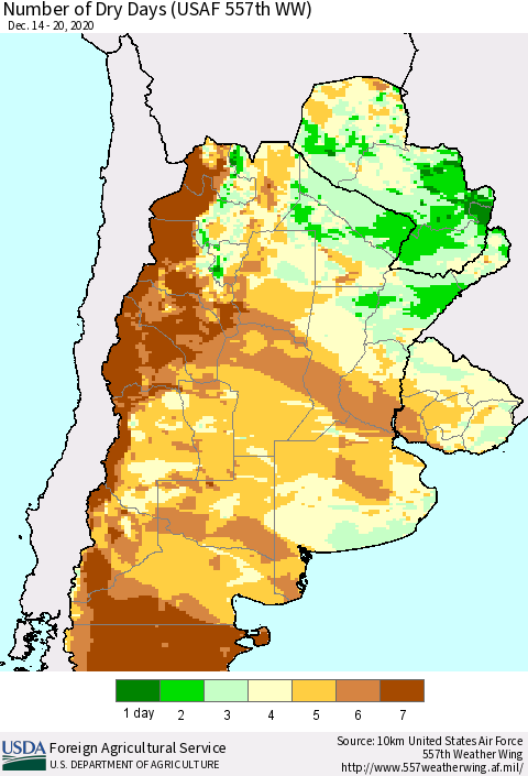 Southern South America Number of Dry Days (USAF 557th WW) Thematic Map For 12/14/2020 - 12/20/2020
