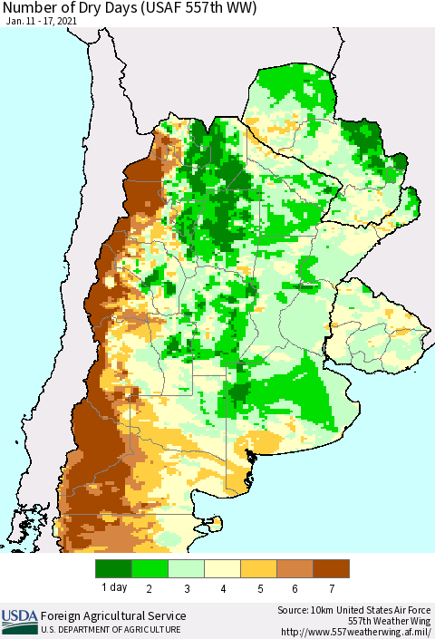 Southern South America Number of Dry Days (USAF 557th WW) Thematic Map For 1/11/2021 - 1/17/2021