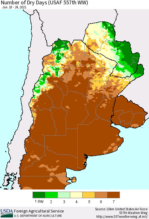 Southern South America Number of Dry Days (USAF 557th WW) Thematic Map For 1/18/2021 - 1/24/2021