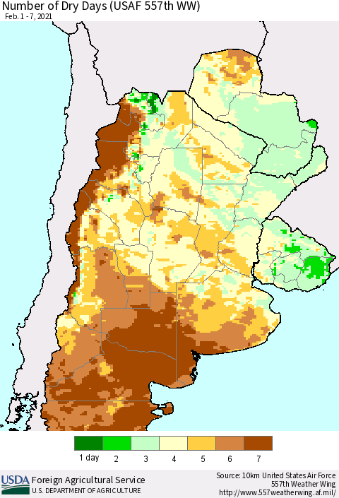 Southern South America Number of Dry Days (USAF 557th WW) Thematic Map For 2/1/2021 - 2/7/2021
