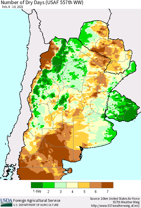 Southern South America Number of Dry Days (USAF 557th WW) Thematic Map For 2/8/2021 - 2/14/2021