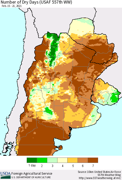 Southern South America Number of Dry Days (USAF 557th WW) Thematic Map For 2/15/2021 - 2/21/2021