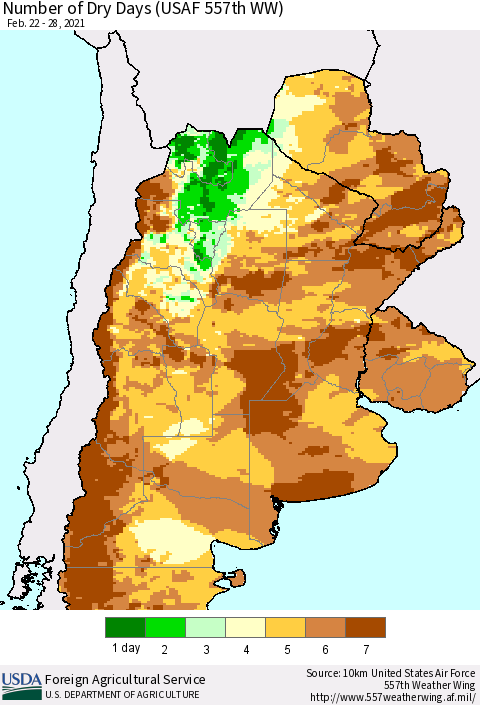 Southern South America Number of Dry Days (USAF 557th WW) Thematic Map For 2/22/2021 - 2/28/2021