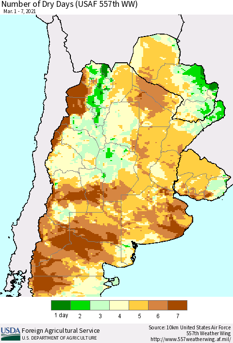 Southern South America Number of Dry Days (USAF 557th WW) Thematic Map For 3/1/2021 - 3/7/2021