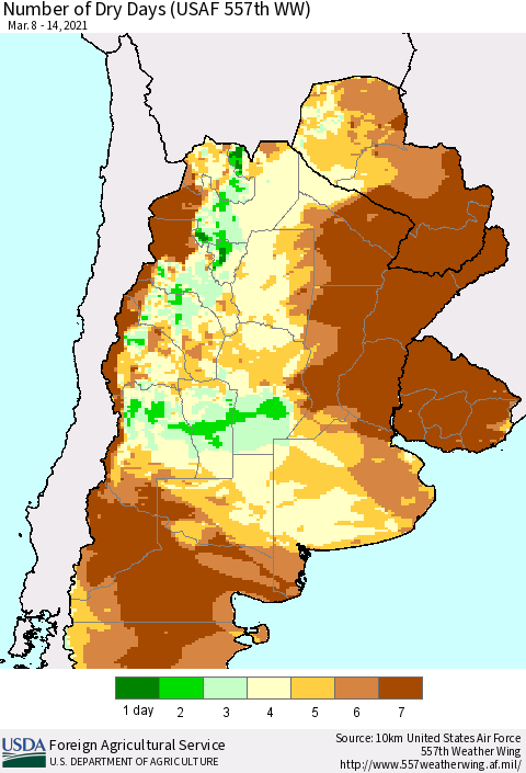 Southern South America Number of Dry Days (USAF 557th WW) Thematic Map For 3/8/2021 - 3/14/2021