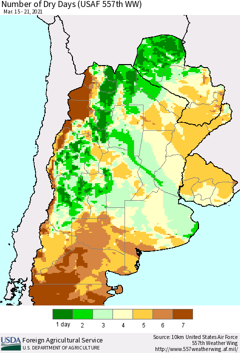 Southern South America Number of Dry Days (USAF 557th WW) Thematic Map For 3/15/2021 - 3/21/2021