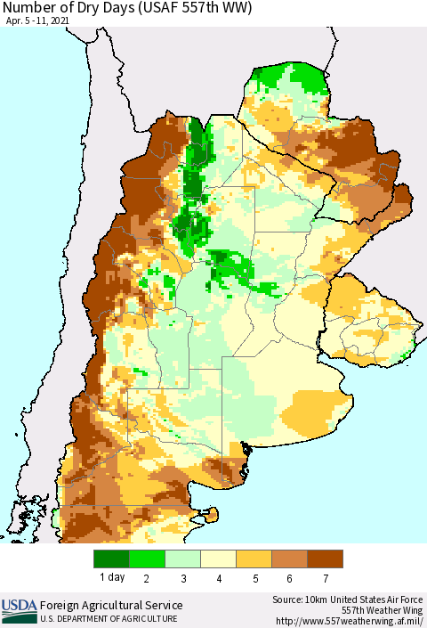 Southern South America Number of Dry Days (USAF 557th WW) Thematic Map For 4/5/2021 - 4/11/2021