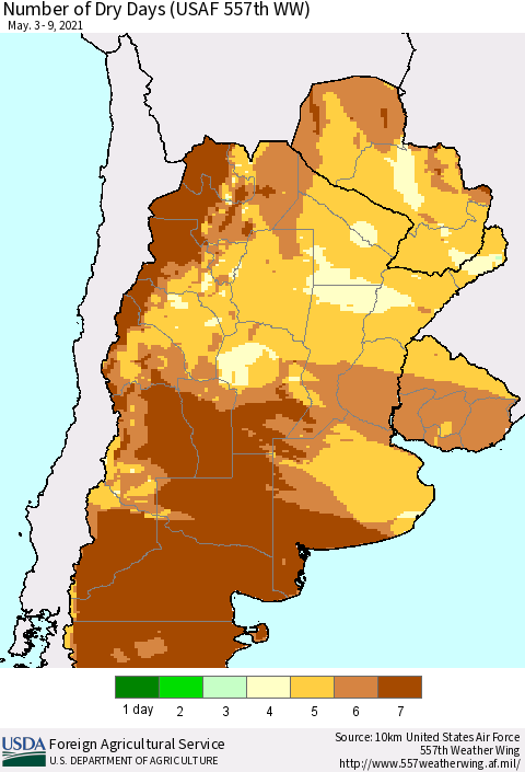Southern South America Number of Dry Days (USAF 557th WW) Thematic Map For 5/3/2021 - 5/9/2021