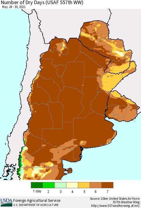Southern South America Number of Dry Days (USAF 557th WW) Thematic Map For 5/24/2021 - 5/30/2021