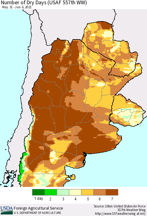 Southern South America Number of Dry Days (USAF 557th WW) Thematic Map For 5/31/2021 - 6/6/2021