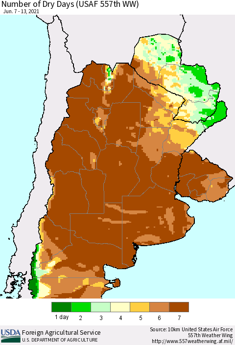 Southern South America Number of Dry Days (USAF 557th WW) Thematic Map For 6/7/2021 - 6/13/2021