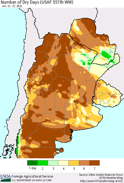 Southern South America Number of Dry Days (USAF 557th WW) Thematic Map For 6/21/2021 - 6/27/2021