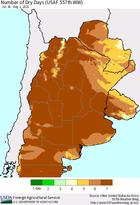 Southern South America Number of Dry Days (USAF 557th WW) Thematic Map For 7/26/2021 - 8/1/2021