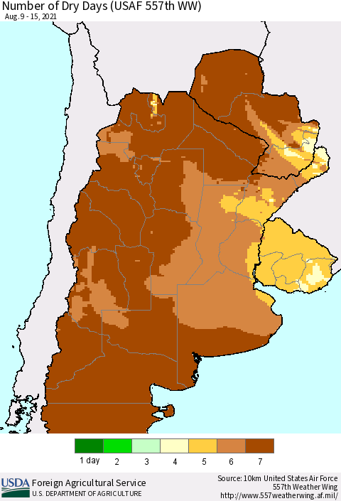 Southern South America Number of Dry Days (USAF 557th WW) Thematic Map For 8/9/2021 - 8/15/2021