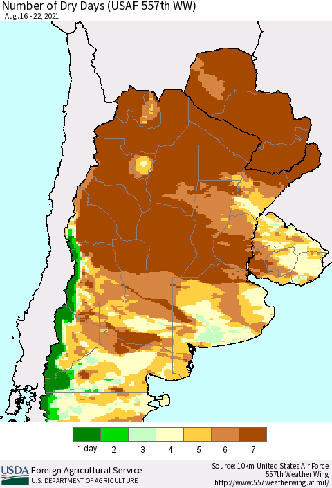 Southern South America Number of Dry Days (USAF 557th WW) Thematic Map For 8/16/2021 - 8/22/2021