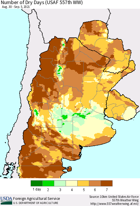 Southern South America Number of Dry Days (USAF 557th WW) Thematic Map For 8/30/2021 - 9/5/2021