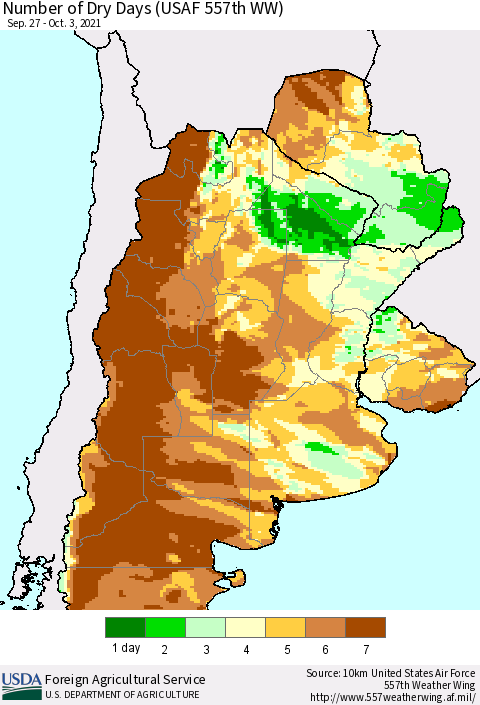 Southern South America Number of Dry Days (USAF 557th WW) Thematic Map For 9/27/2021 - 10/3/2021