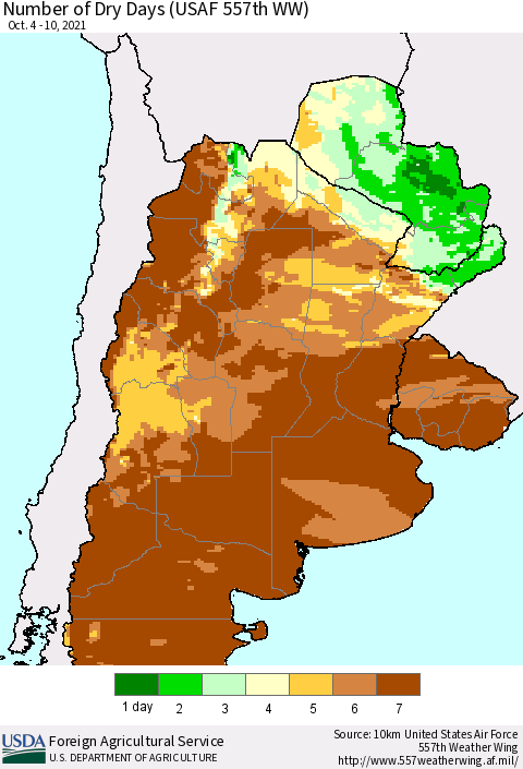 Southern South America Number of Dry Days (USAF 557th WW) Thematic Map For 10/4/2021 - 10/10/2021