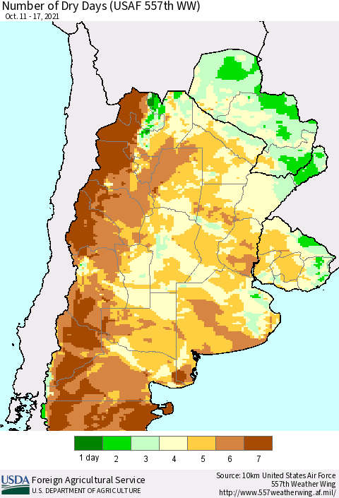 Southern South America Number of Dry Days (USAF 557th WW) Thematic Map For 10/11/2021 - 10/17/2021