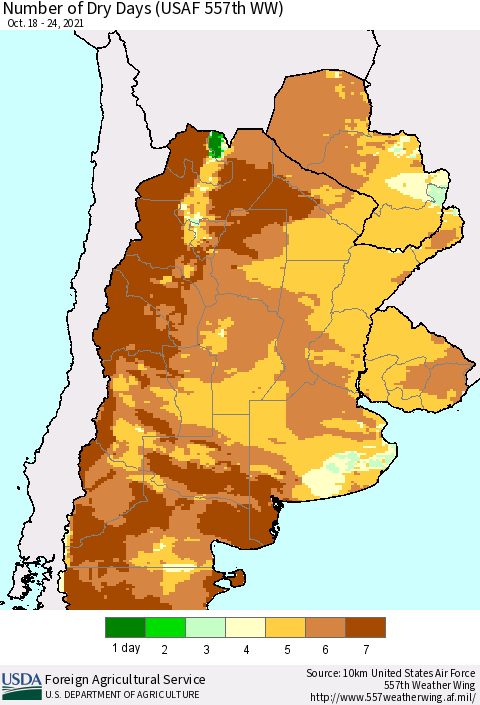 Southern South America Number of Dry Days (USAF 557th WW) Thematic Map For 10/18/2021 - 10/24/2021