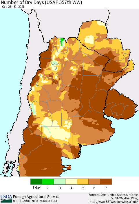 Southern South America Number of Dry Days (USAF 557th WW) Thematic Map For 10/25/2021 - 10/31/2021