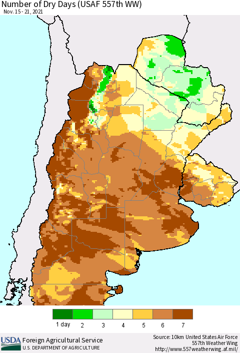 Southern South America Number of Dry Days (USAF 557th WW) Thematic Map For 11/15/2021 - 11/21/2021