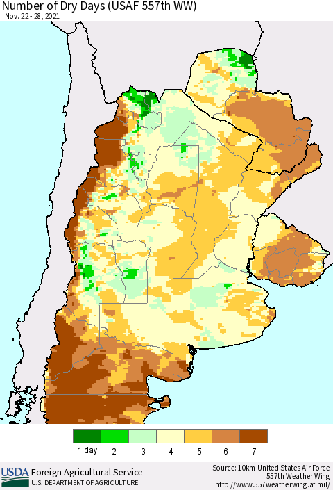 Southern South America Number of Dry Days (USAF 557th WW) Thematic Map For 11/22/2021 - 11/28/2021