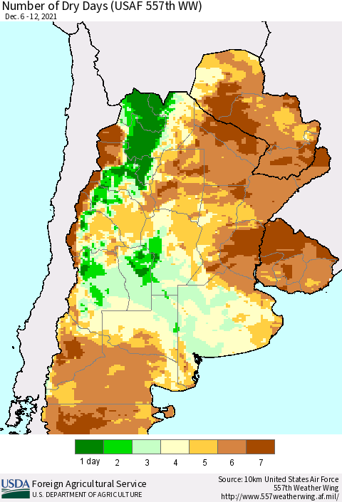 Southern South America Number of Dry Days (USAF 557th WW) Thematic Map For 12/6/2021 - 12/12/2021