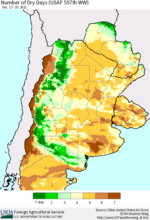 Southern South America Number of Dry Days (USAF 557th WW) Thematic Map For 12/13/2021 - 12/19/2021