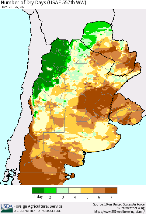 Southern South America Number of Dry Days (USAF 557th WW) Thematic Map For 12/20/2021 - 12/26/2021