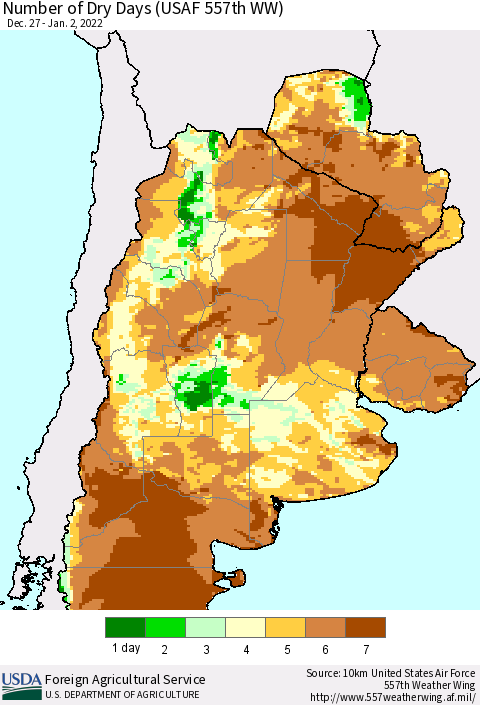 Southern South America Number of Dry Days (USAF 557th WW) Thematic Map For 12/27/2021 - 1/2/2022