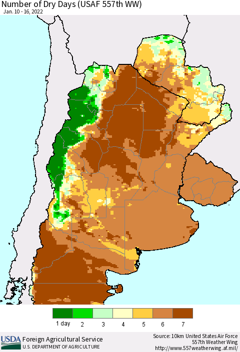 Southern South America Number of Dry Days (USAF 557th WW) Thematic Map For 1/10/2022 - 1/16/2022